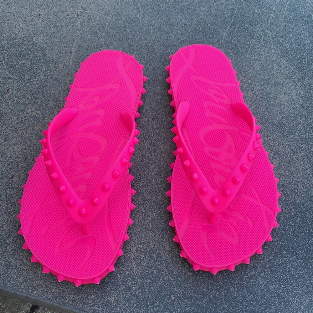Christian Louboutin super loubi pink neon fluo soike rubber pvc sandal flat 39